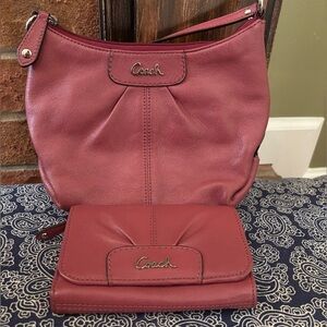 COACH Kristin Leather Hobo Bag & Matching Wallet Set - Berry/Plum Pink